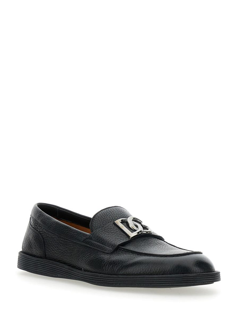 'Florio' Black Loafers With Dg Plaque On The Front In Grained Leather Man