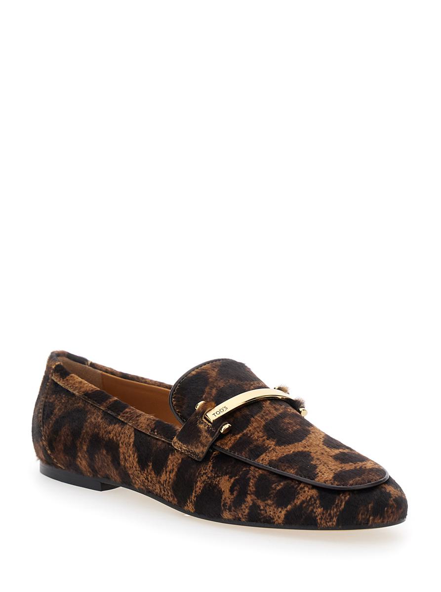 Brown Loafers With Logo Plaque On The Front And All-Over Leopard Motif In Suede Woman