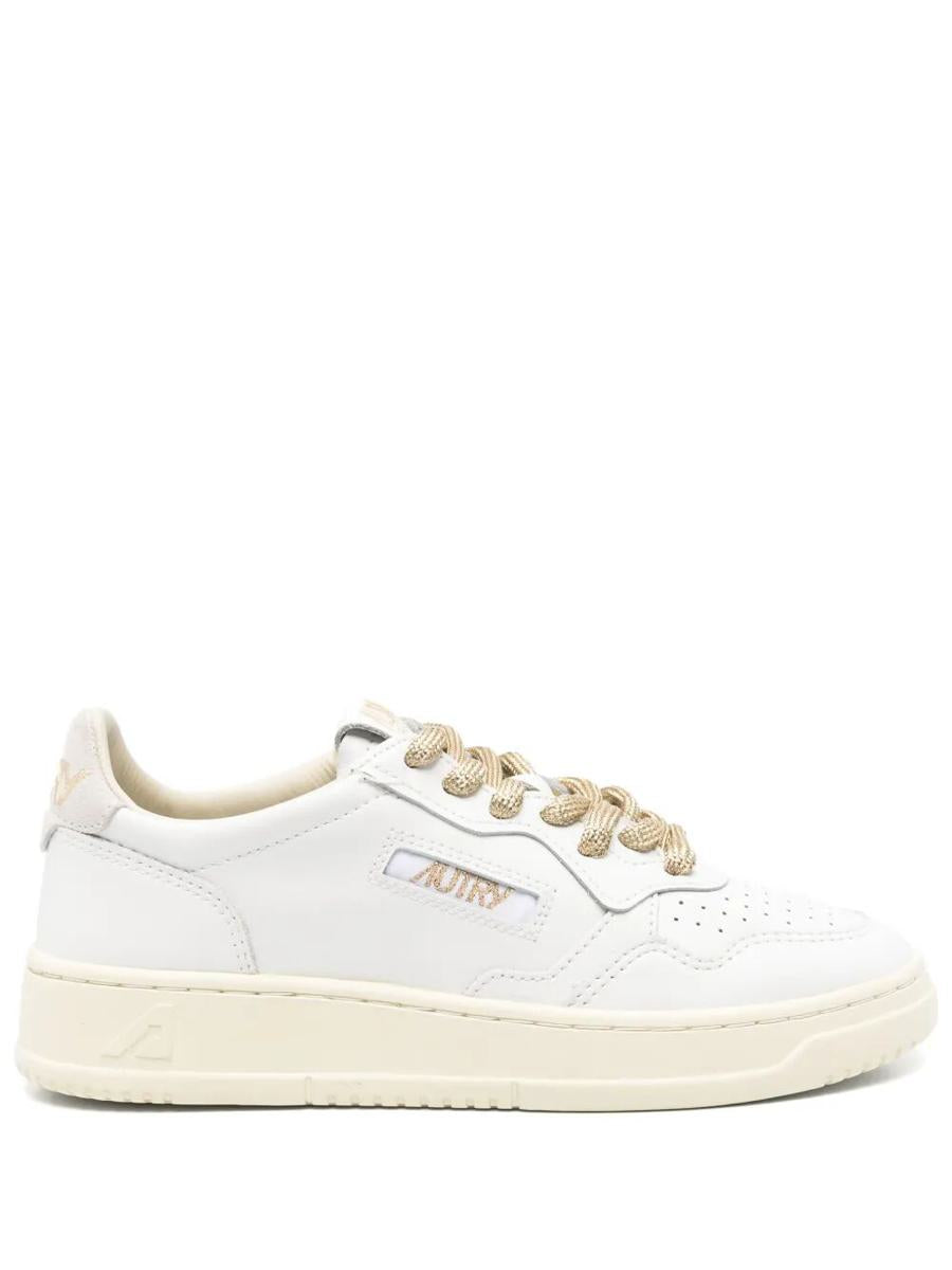 Autry Medalist Low Sneakers In White Leather With Gold-Tone Lurex Details Shoes