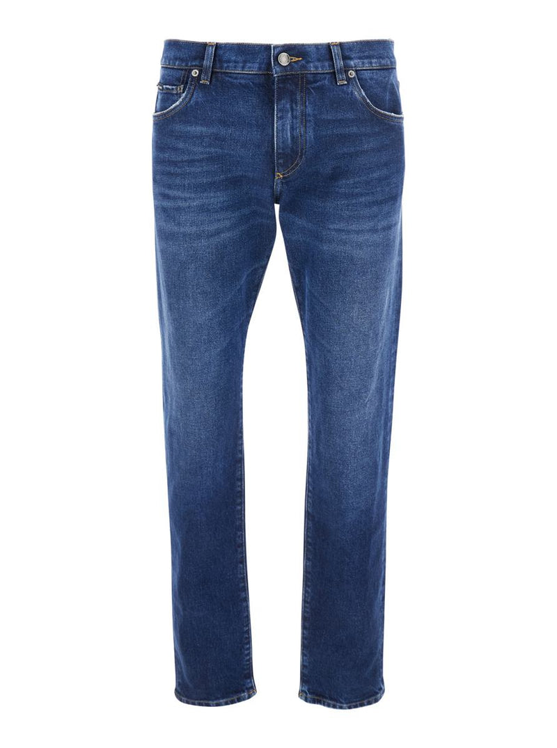 Blue Slim Jeans With Logo Patch On The Rear In Denim Man