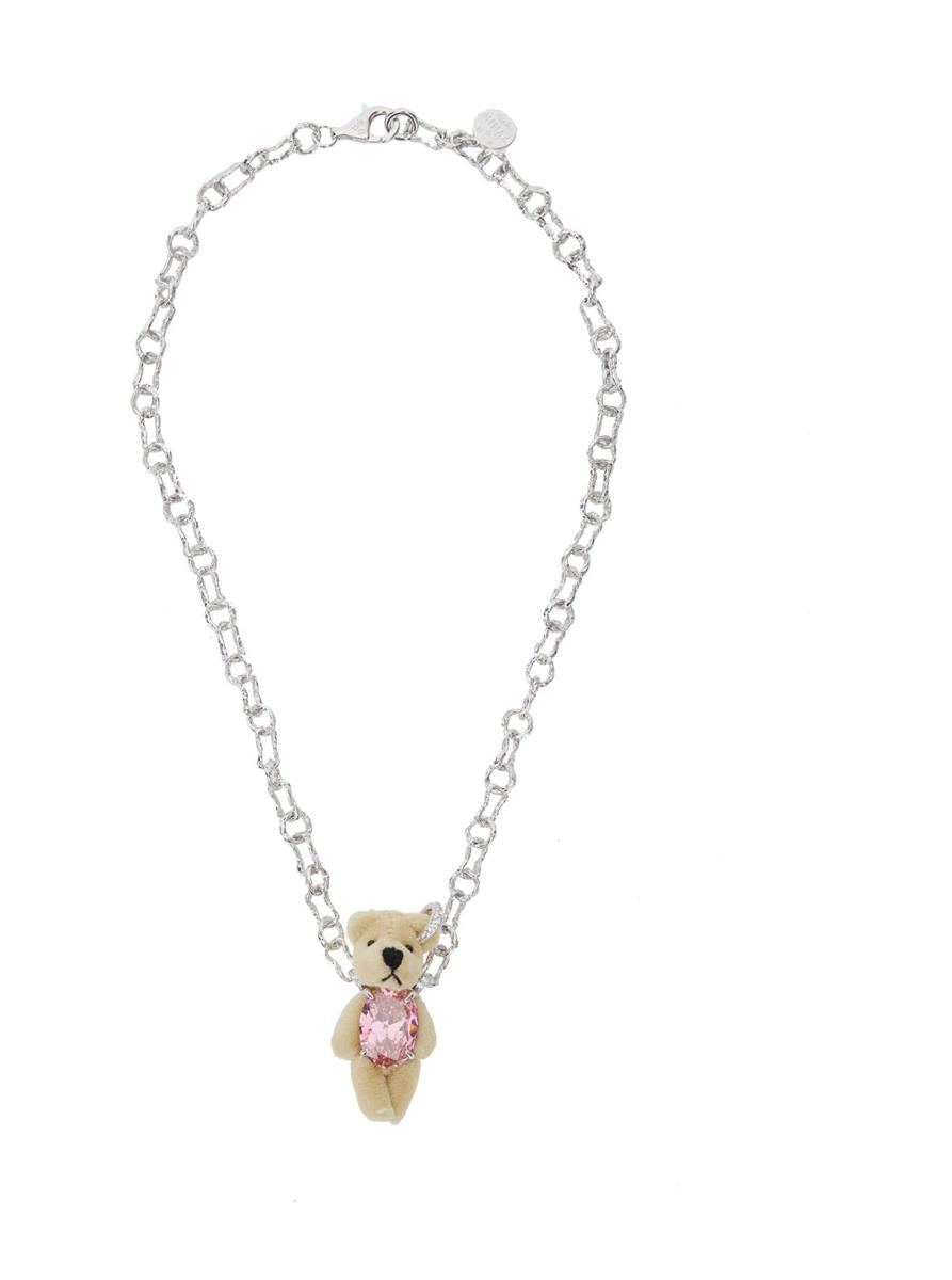 Brown Chain-Link Necklace With Bear Pendant And Crystal Embellishment In Sterling Silver Woman