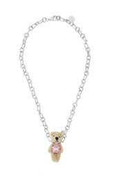 Brown Chain-Link Necklace With Bear Pendant And Crystal Embellishment In Sterling Silver Woman