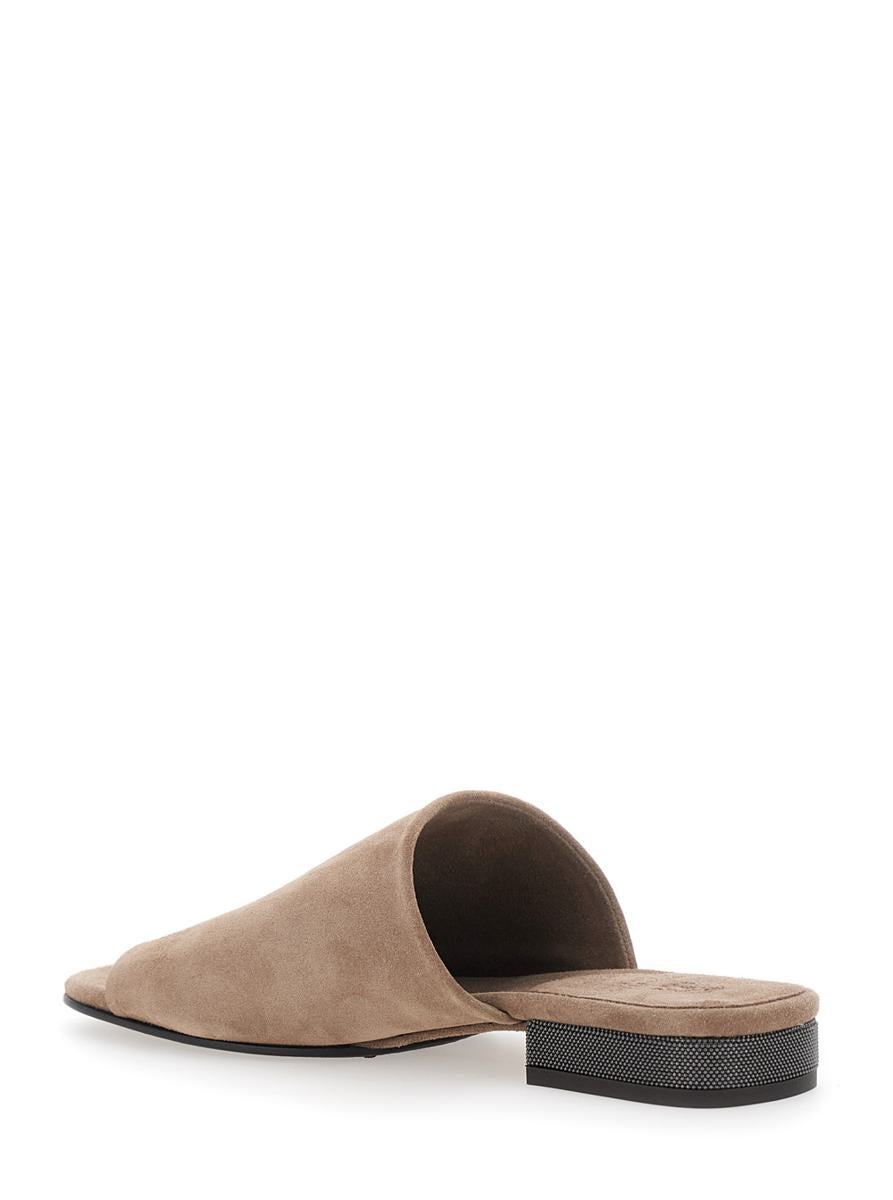 Beige Sandals With Monil Detail On The Heel In Suede Woman