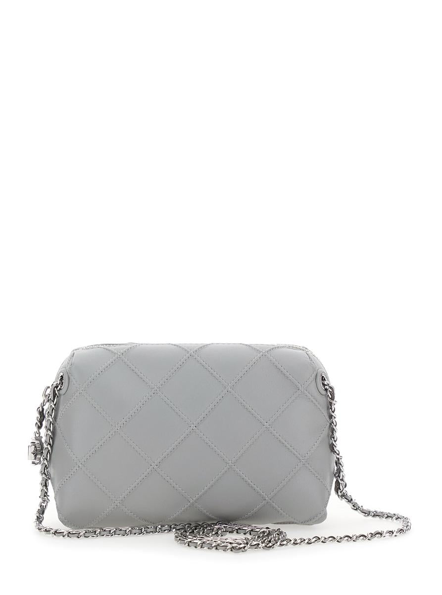 'Fleming' Grey Diamond Quilted Shoulder Bag With Chain-Link Shoulder Strap In Leather Woman