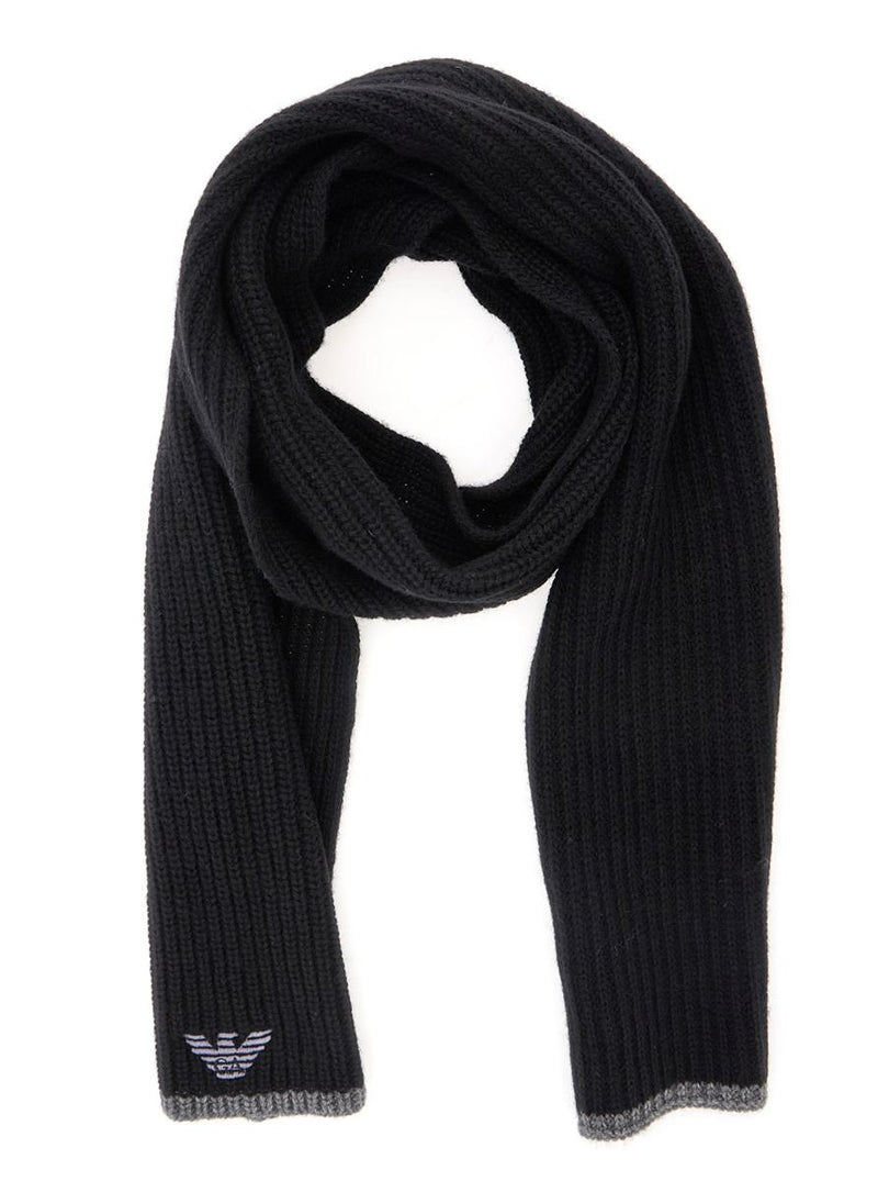 Black Scarf And Beanie Set With Logo Embroidery In Wool Blend Man