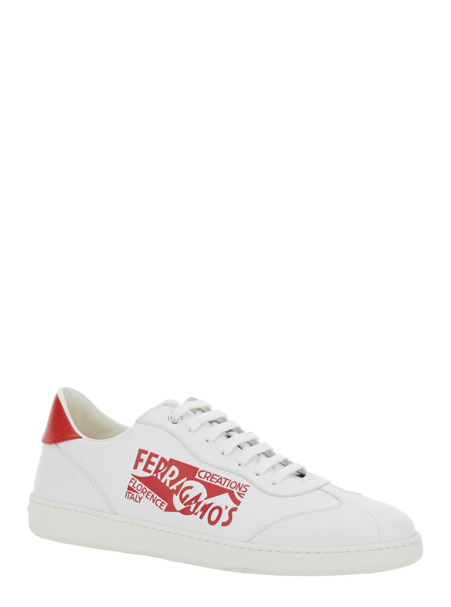 'Achille' White Low Top Sneakers With Red Logo Detail In Leather Man