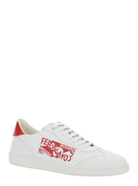 'Achille' White Low Top Sneakers With Red Logo Detail In Leather Man