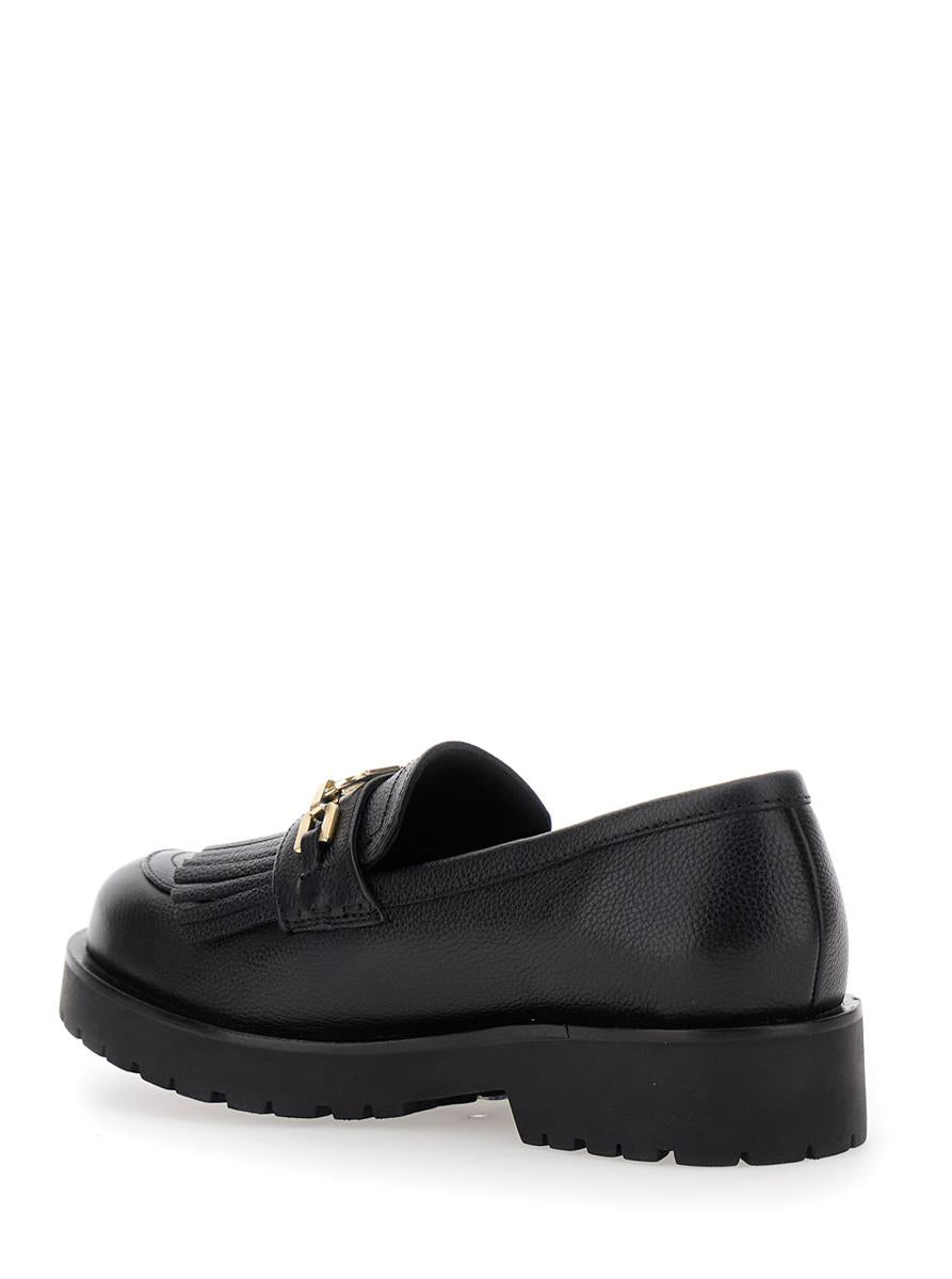 Black Loafers With Platform And Metallic Logo In Leather Woman