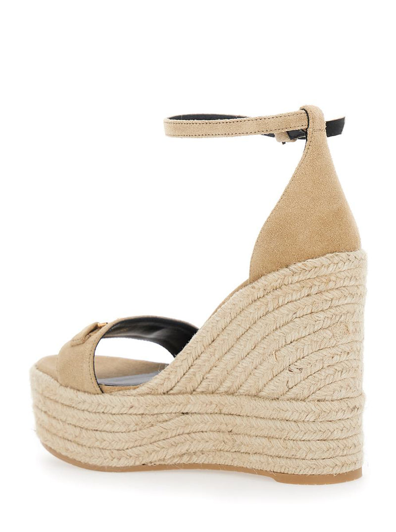 Beige Wedges With Adjustable Buckle Closure And Medusa Plaque On The Front In Leather Woman