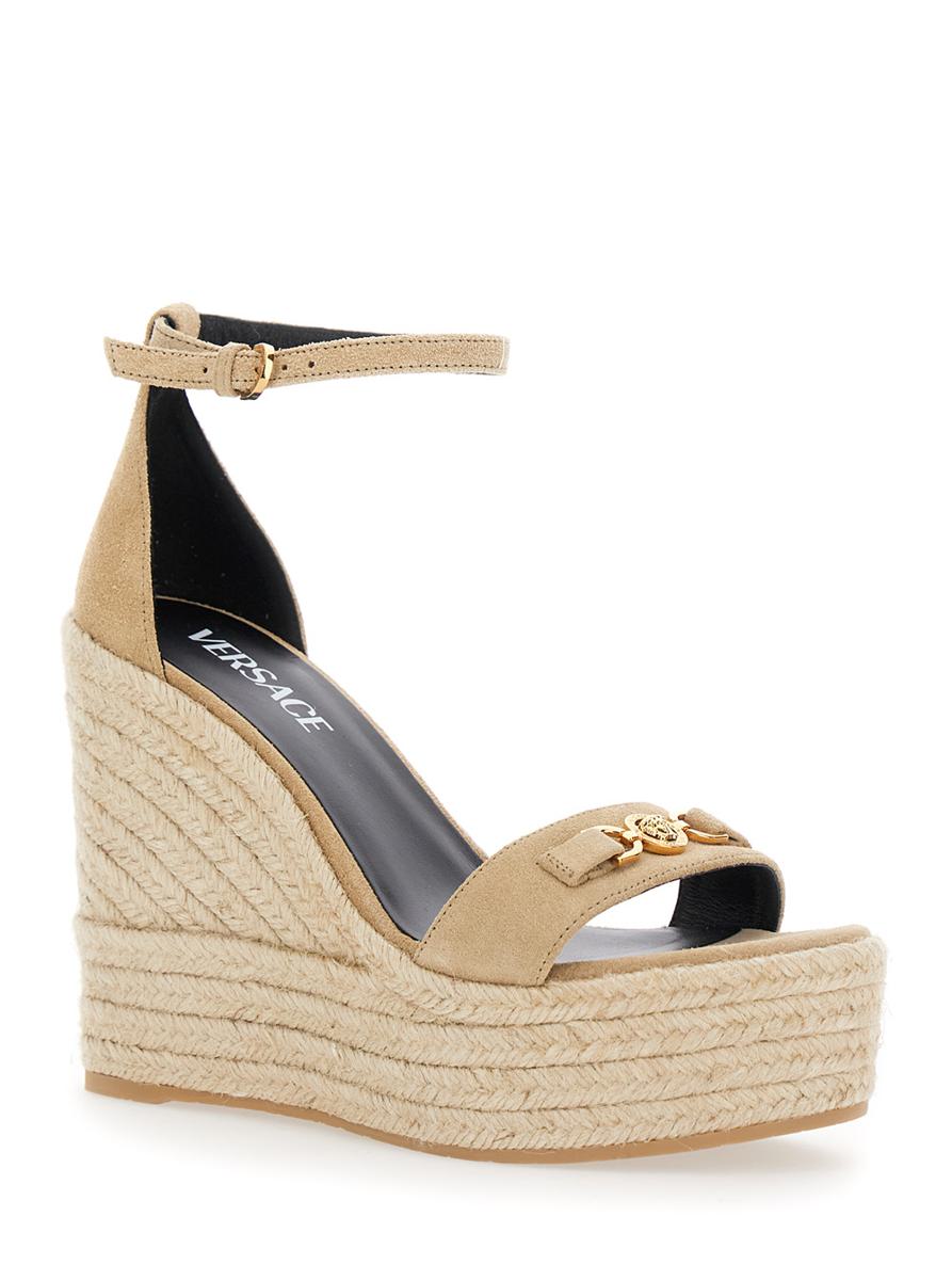 Beige Wedges With Adjustable Buckle Closure And Medusa Plaque On The Front In Leather Woman