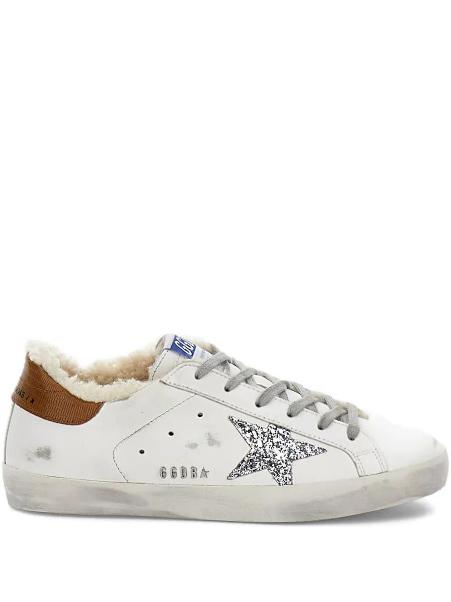 Golden Goose "Super Star" Leather Upper Glitter Star Tejus Print Leather Heel Shearling Lining Metal Lettering Shoes