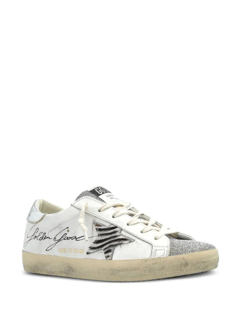 Golden Goose "Super Star" Leather Upper With Signature Crystal Toe And Tongue Zebra Horsy Star Laminated Heel Shoes