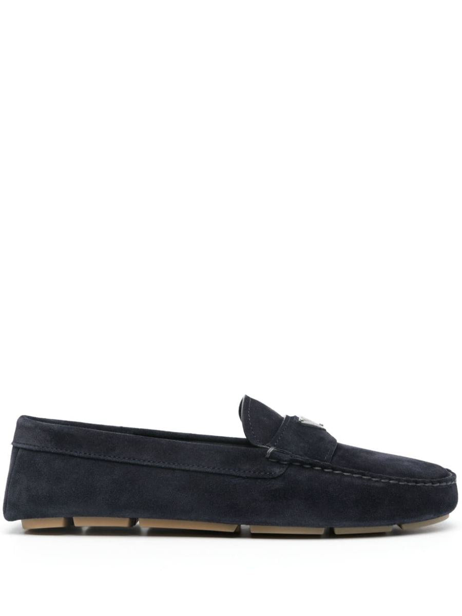 Prada Enamel-Triangle-Logo Suede Loafers
