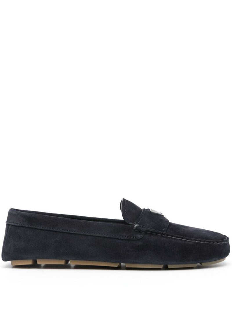 Prada Enamel-Triangle-Logo Suede Loafers