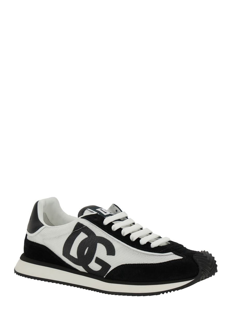 'Aria' White And Black Running Sneakers With Logo Detail In Suede And Tech Fabric Man