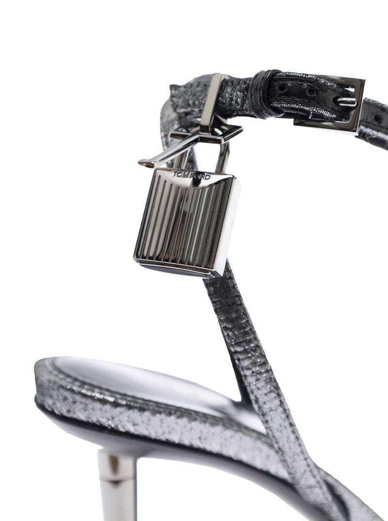 Metallic Sandals With High Stiletto Heel And Padlock Detail On The Ankle In Leather Woman