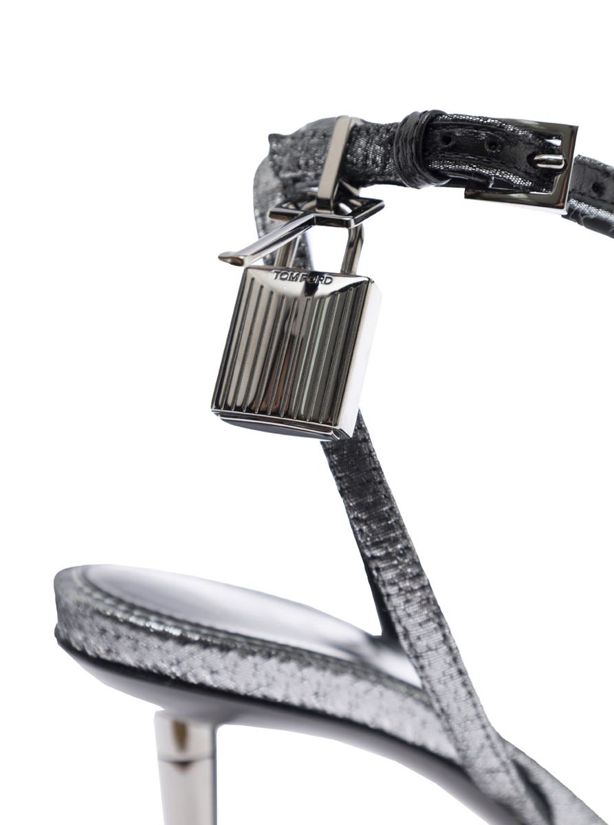 Metallic Sandals With High Stiletto Heel And Padlock Detail On The Ankle In Leather Woman