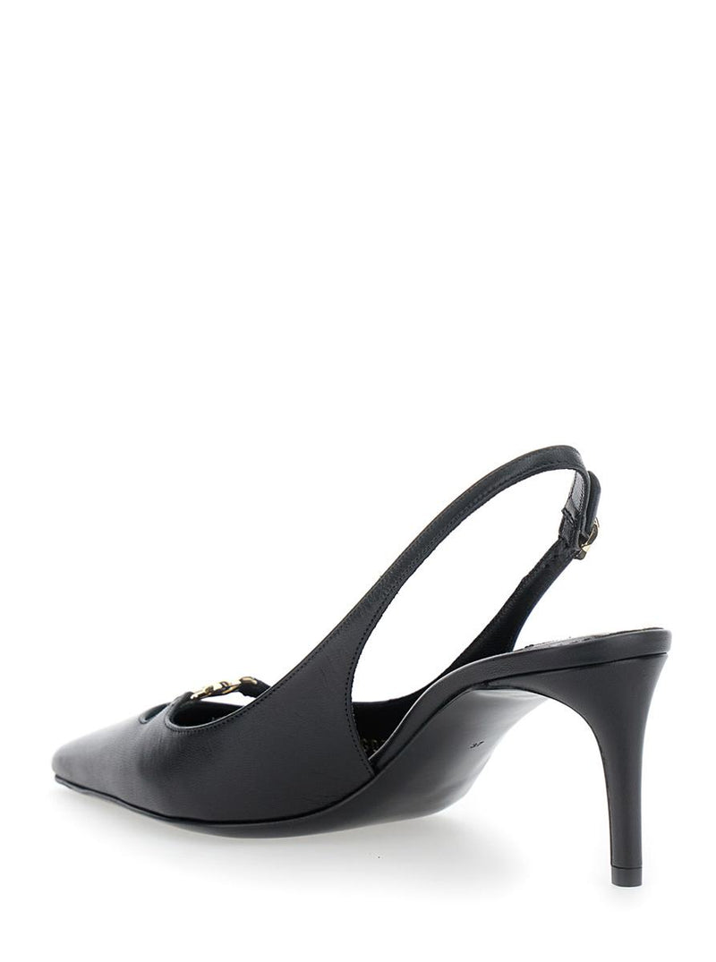 Black Slingback Pumps With Logo Plaque On The Front In Patent Leather Woman