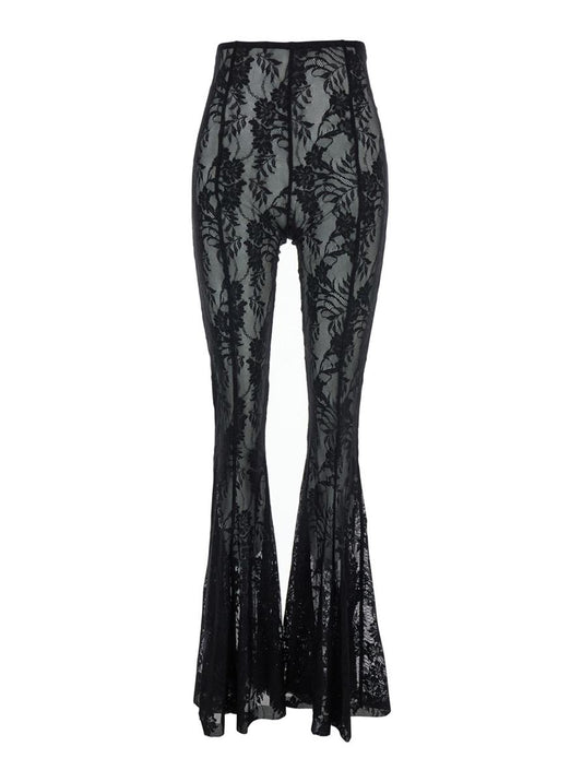 'Fishtail' Black Flared Pants With All-Over Floral Embroidery And Wide Leg In Tech Fabric Stretch Woman