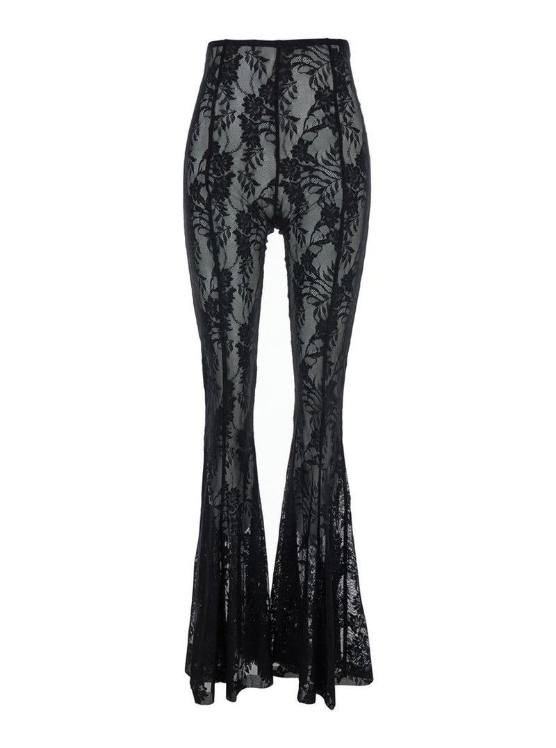 'Fishtail' Black Flared Pants With All-Over Floral Embroidery And Wide Leg In Tech Fabric Stretch Woman