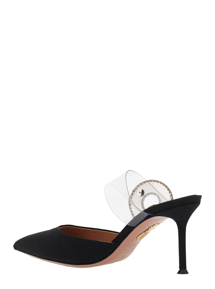 Black Slingback Mules With Crystal Embellishment And Transparent Strap In Suede Woman