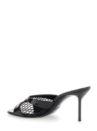 Black Mule With Mesh Design And Stiletto Heel In Leather Woman