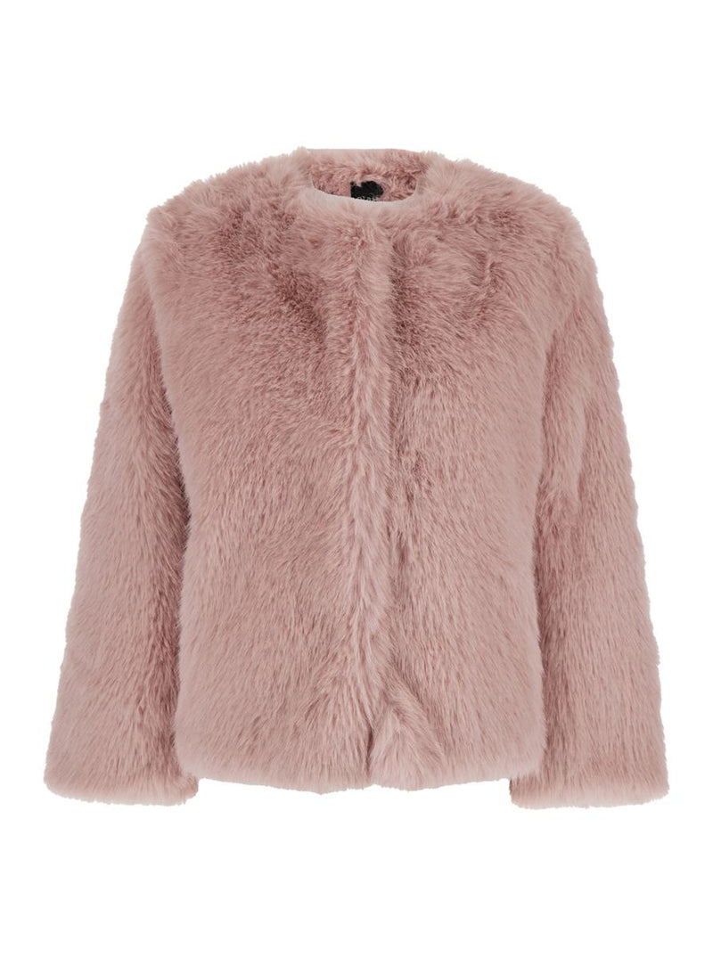 Pink Crewneck Fur Jacket With Concealed Front Closure In Ecofur Woman