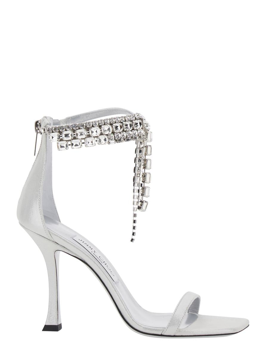 'Crystal' Metallic Sandals With Rhinestoned Ankle Strap And High Curved Heel In Leather Woman