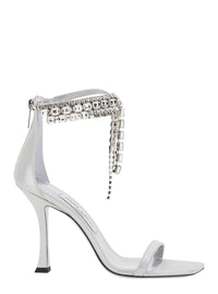 'Crystal' Metallic Sandals With Rhinestoned Ankle Strap And High Curved Heel In Leather Woman