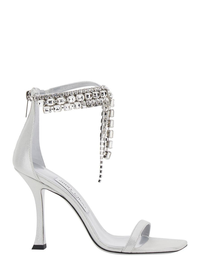 'Crystal' Metallic Sandals With Rhinestoned Ankle Strap And High Curved Heel In Leather Woman