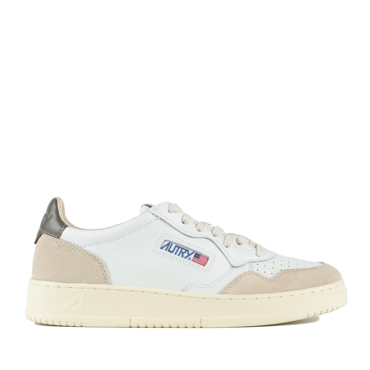 Autry Medalist Low Sneakers In White Suede And Leather And Morel