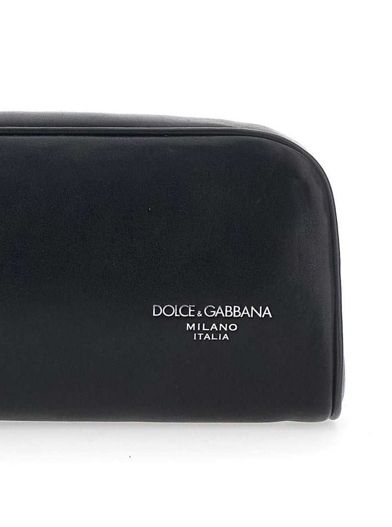 Black Clutch With Wrist Strap And Logo Lettering On The Front In Leather Man