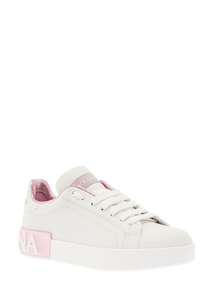 'Portofino' White And Pink Low Top Sneakers With Logo In Leather Woman