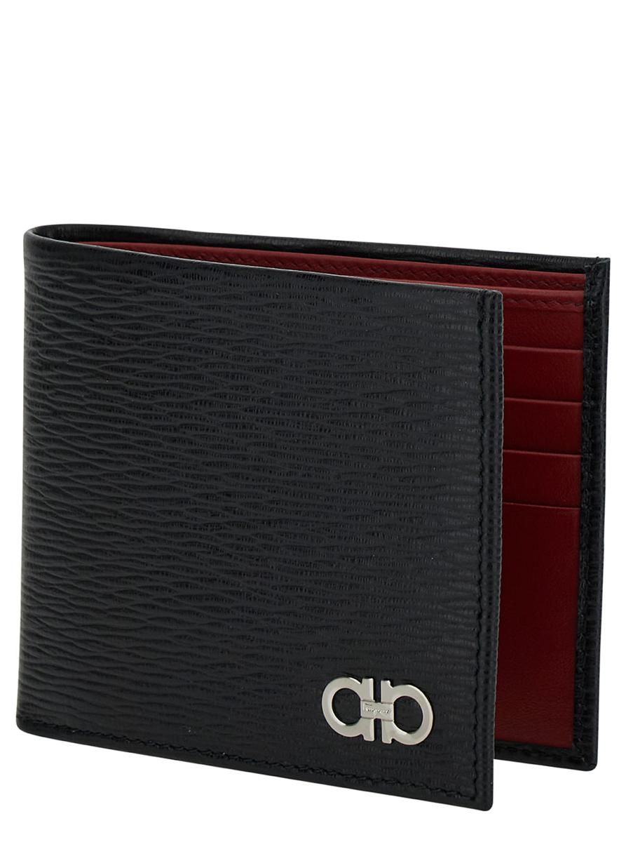 Revival Gancini Black Wallet In Textured Leather Man Salvatore Ferragamo