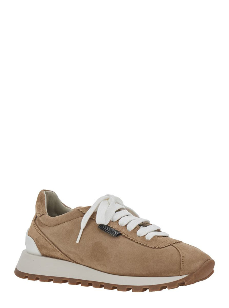 Beige Low Top Sneakers With Monil Detail On The Side And Logo Lettering On The Tongue In Suede Woman