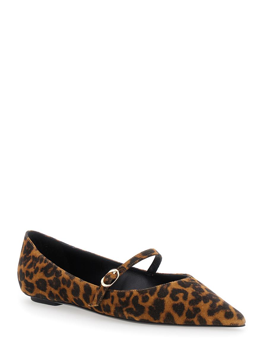 'Emilia' Brown Ballet Shoes With Adjustable Strap Closure And All-Over Leopard Motif In Suede Woman