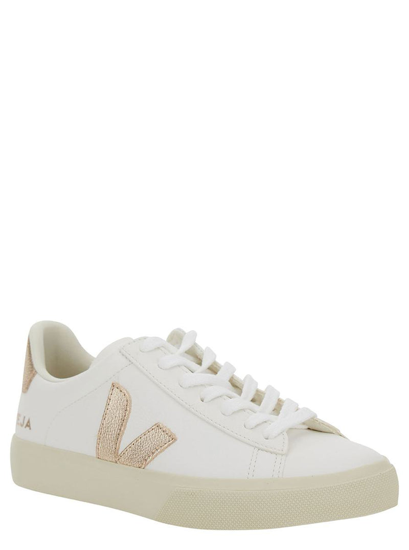 'Campo' White Low Top Sneakers With Metallic Logo In Leather Unisex