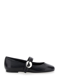 Black Ballerinas With Metallic Logo And Strap In Smooth Leather Woman
