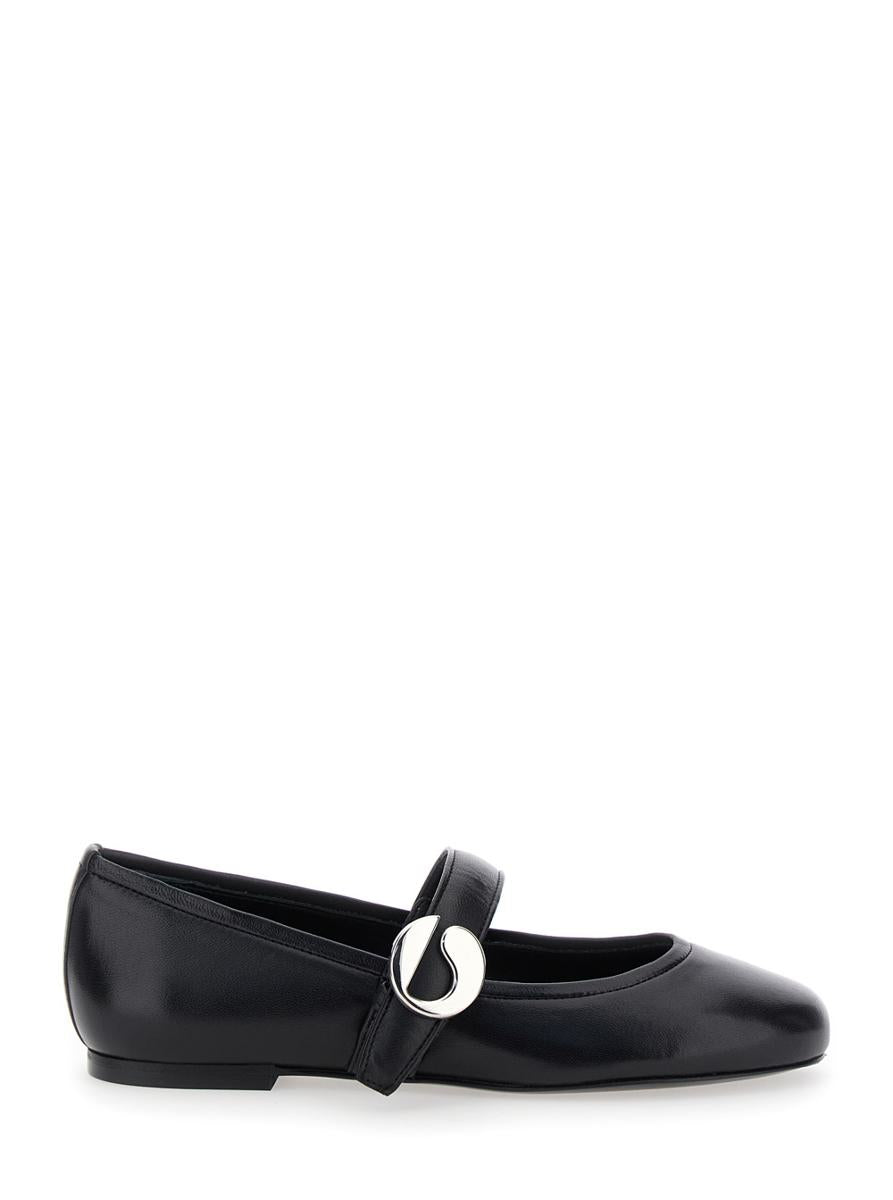 Black Ballerinas With Metallic Logo And Strap In Smooth Leather Woman
