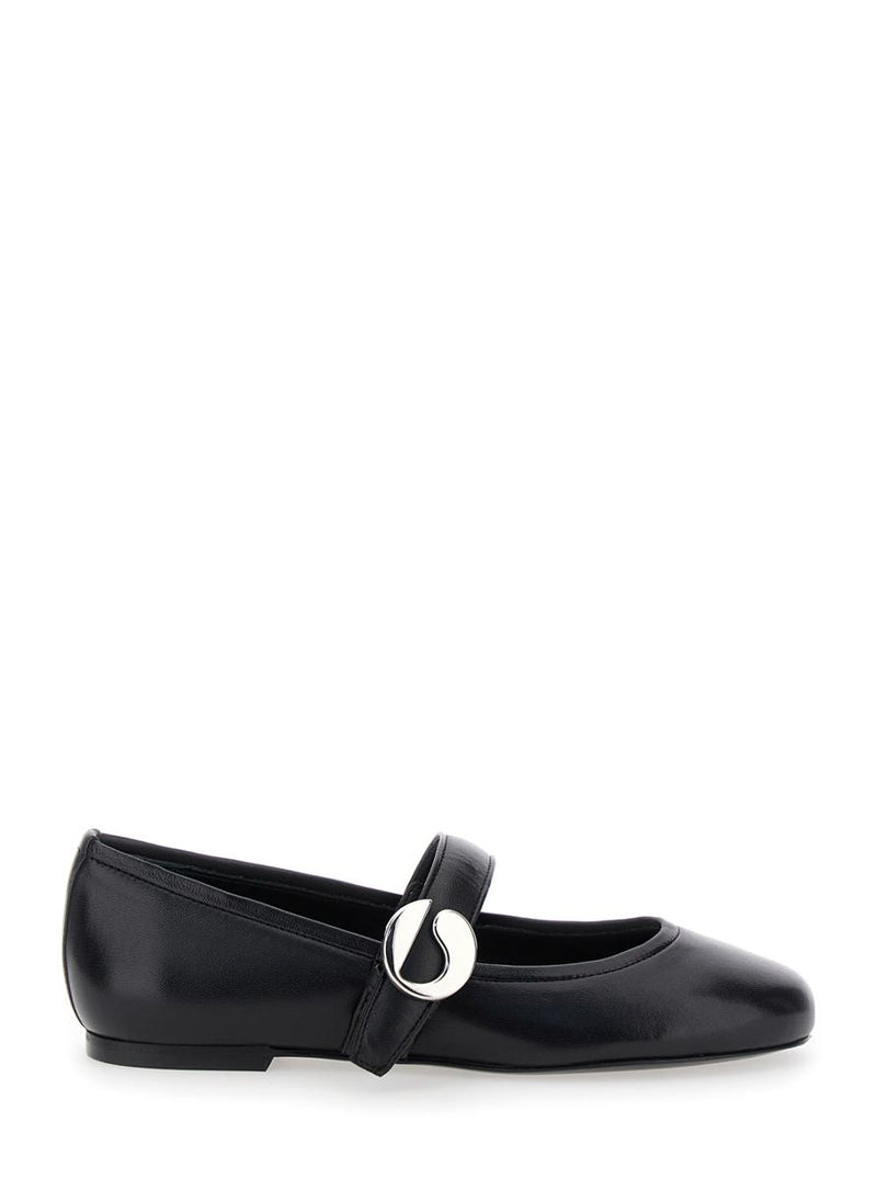 Black Ballerinas With Metallic Logo And Strap In Smooth Leather Woman