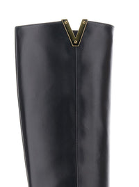 Black Knee-High Boots With Cut-Out On The Side And Logo Plaque In Leather Woman