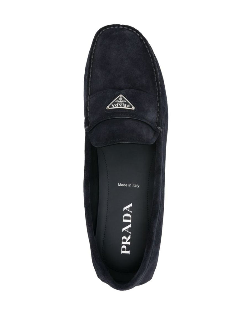 Prada Enamel-Triangle-Logo Suede Loafers