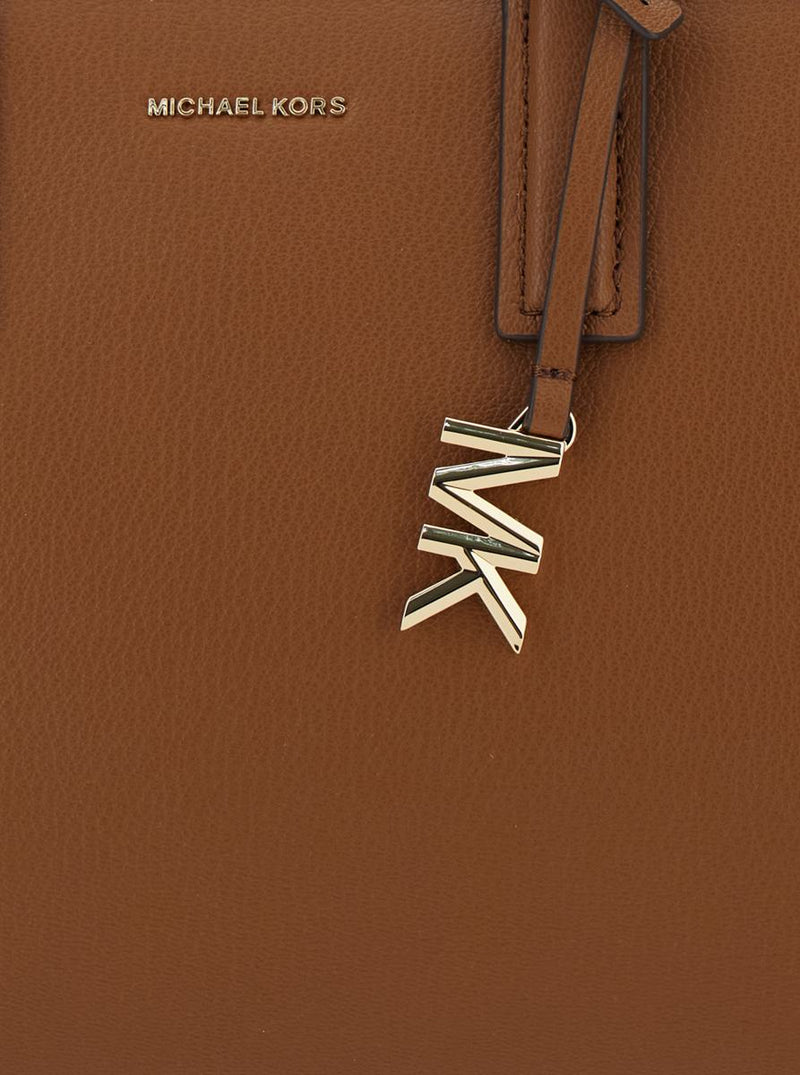 Brown Handbag With Metallic Lettering Logo And Pendant On The Front In Leather Woman