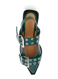 Green Ballet Shoes With Double Buckle And Pointed Design In Leather Woman