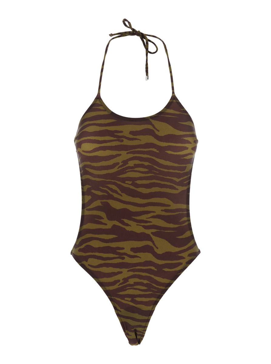 Green Swimsuit With Halterneck With Tie And All-Over Print In Tech Fabric Stretch Woman