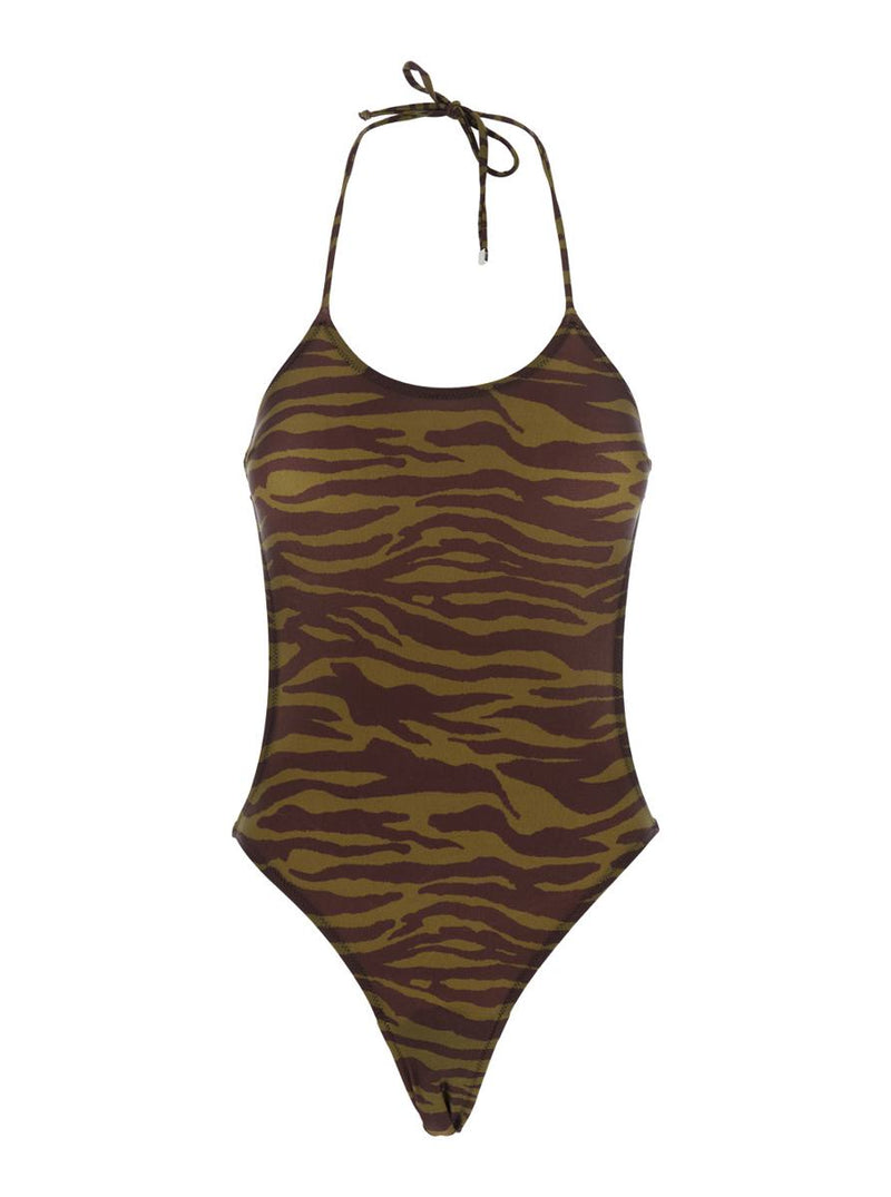 Green Swimsuit With Halterneck With Tie And All-Over Print In Tech Fabric Stretch Woman