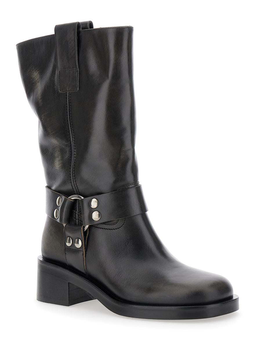 Black Ankle Boots With Studs And Ring In Leather Woman