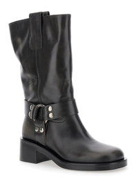Black Ankle Boots With Studs And Ring In Leather Woman