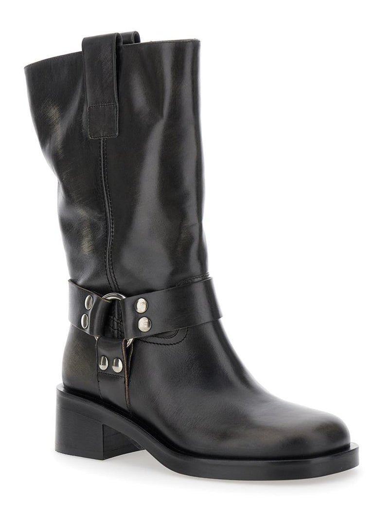 Black Ankle Boots With Studs And Ring In Leather Woman