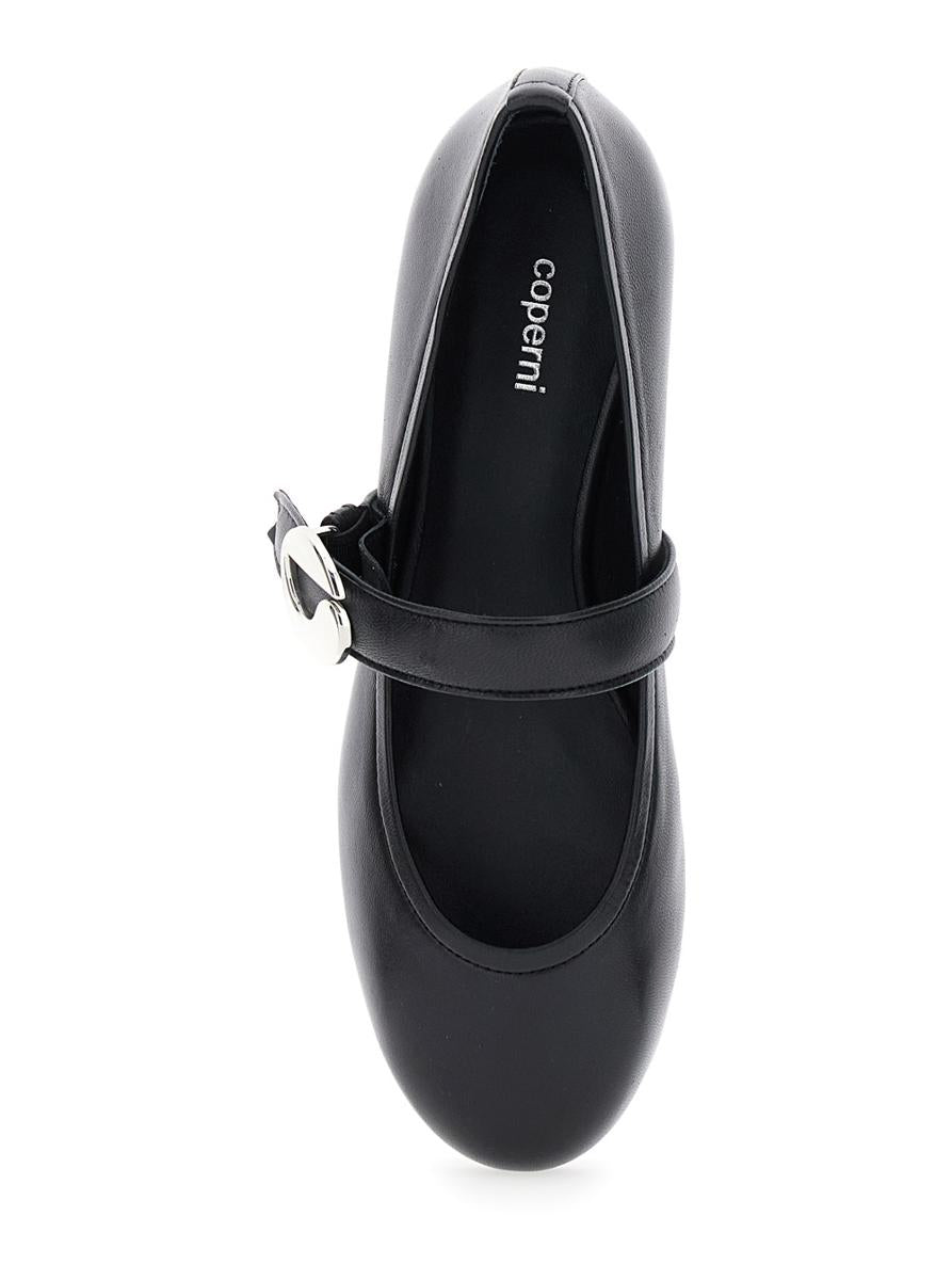 Black Ballerinas With Metallic Logo And Strap In Smooth Leather Woman